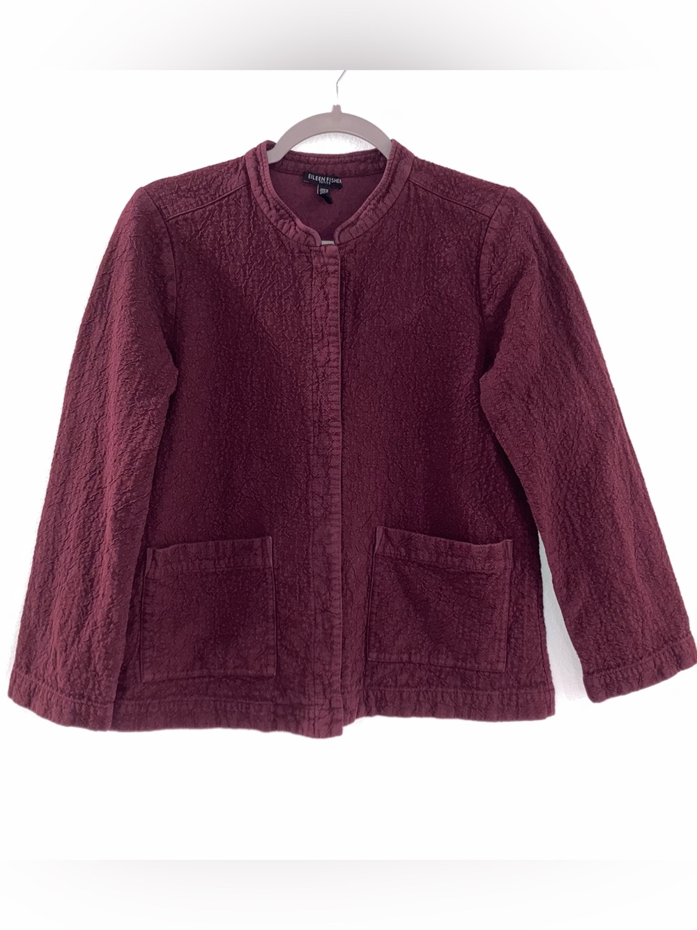Eileen Fisher Deep Claret Organic Crepe Cotton Mandarin Collar Jacket Petite Med